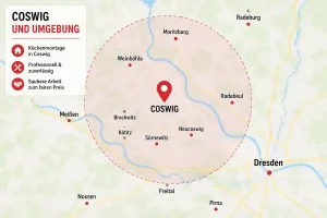Karte des Einsatzgebiets für Küchenmontage in Coswig und Umgebung